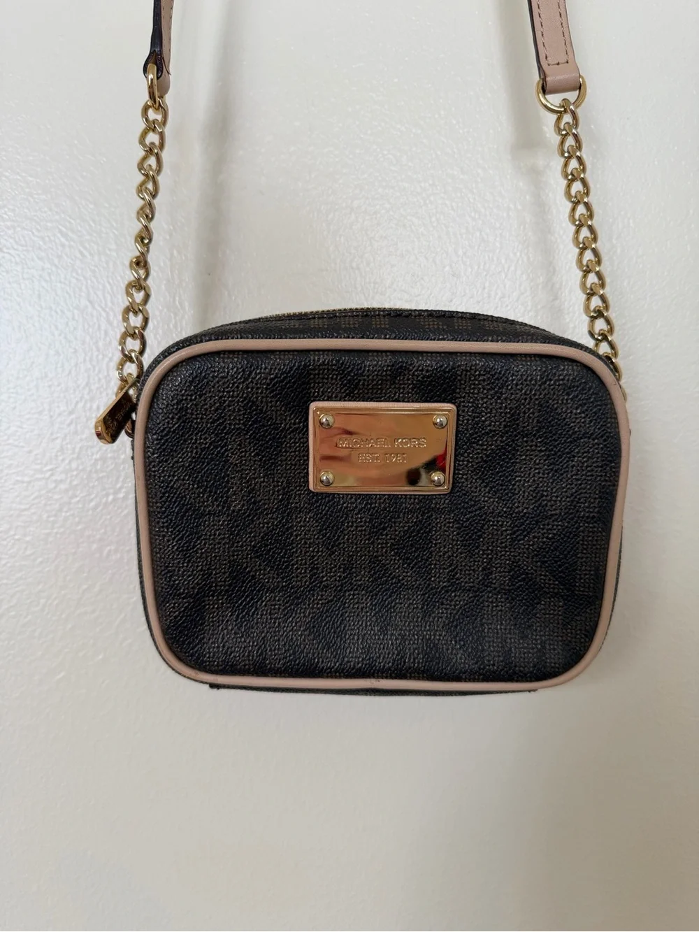 MICHAEL KORS Jet MK Logo Small Signature Camera Crossbody Bag Brown Gold Purse